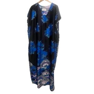 Ann Hodge for Millicent Silk Caftan Dress Blue Floral Boho Resort Maxi